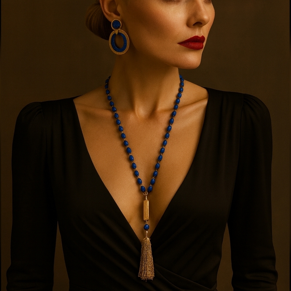 Rosantica Handcrafted Blue Bead Lariat Necklace Gold Tassel Statement Italy